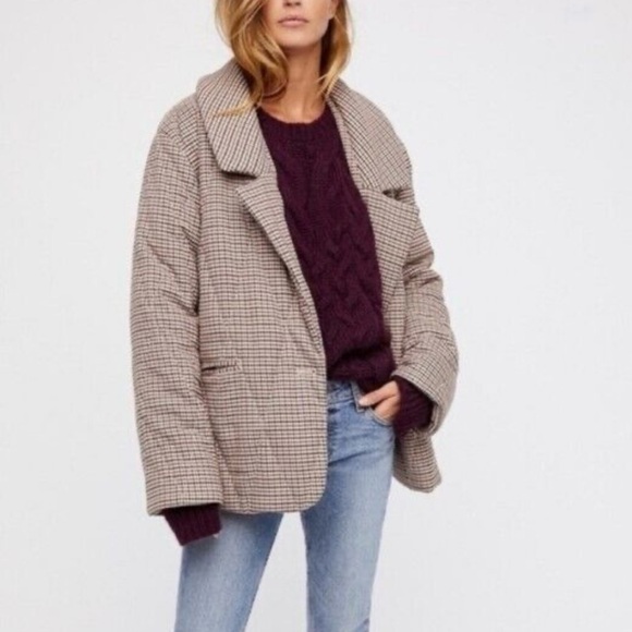 Free People Plaid Blazer in Brown and Cream - Picture 1 of 10